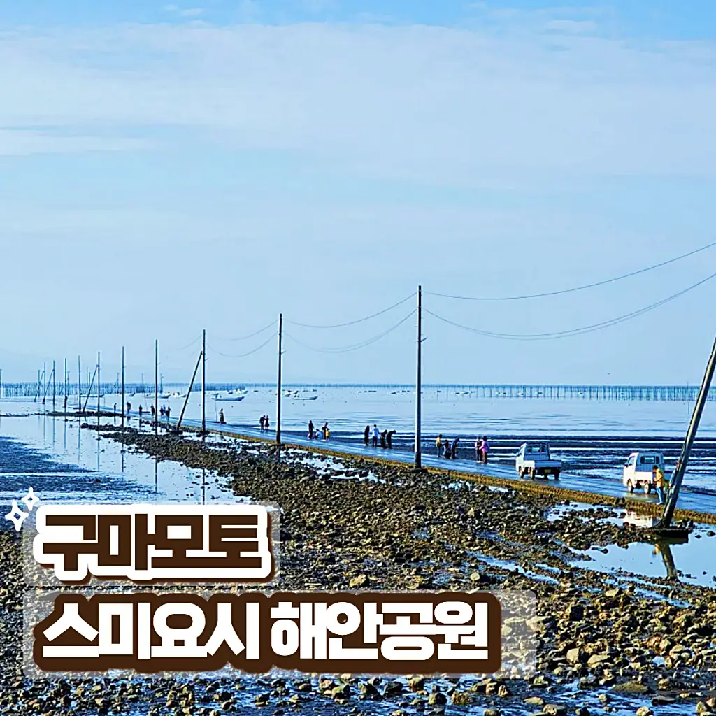 구마모토 스미요시 해안공원 나가베타 해중도로 전신주와 바다 전경
